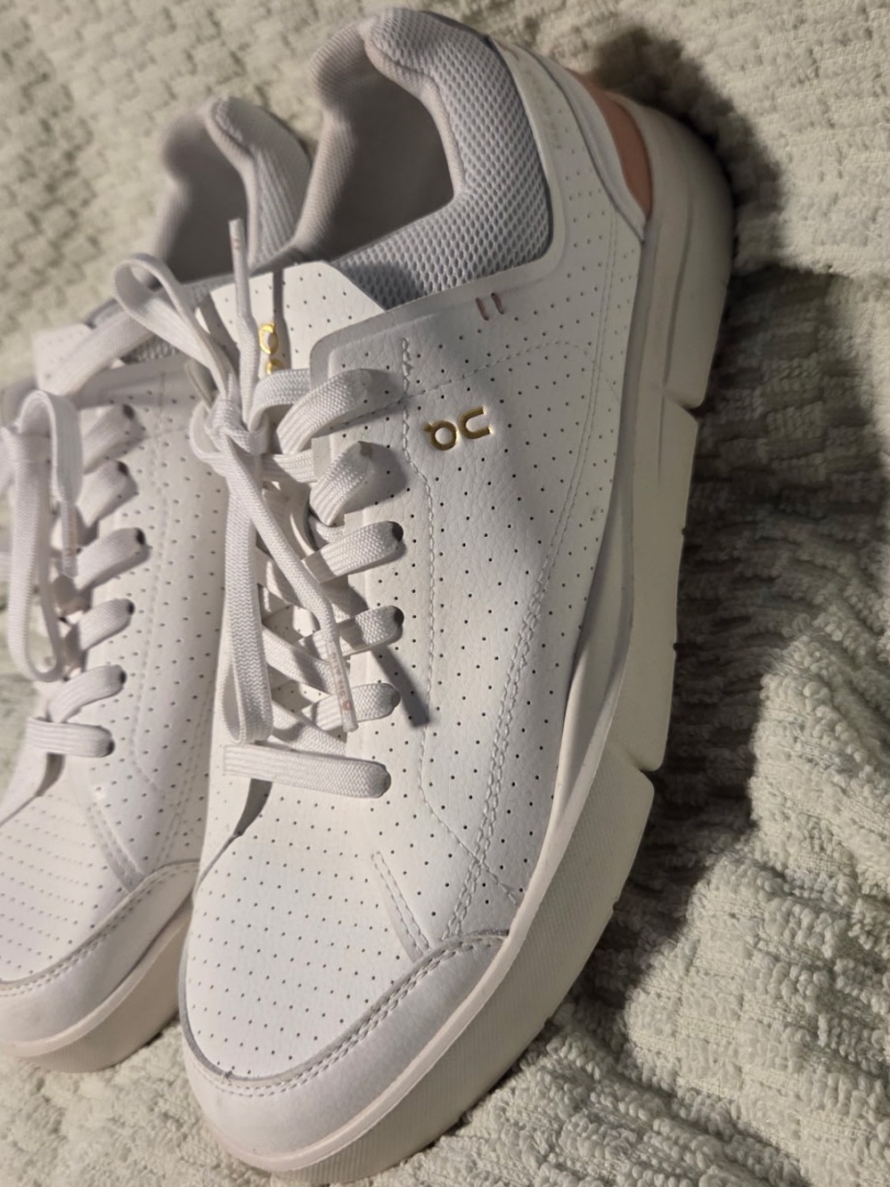 QC On Running White Sneakers with Pink Heel Accent